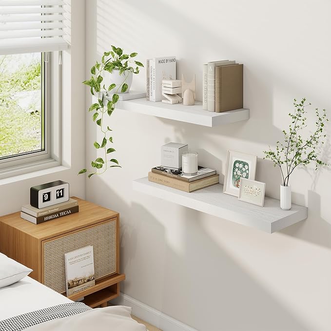 Fun Memories 9.3Inch Deep Floating Shelves for Wall, 30 Inch Rustic Wood Wall Mounted Shelves for Bathroom, Bedroom, Kitchen, Deep Floating Shelf for Storage & Home Decor (White, Set of 2)