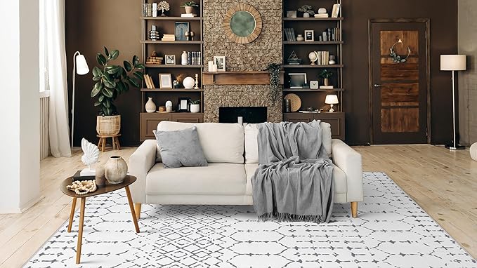 Lahome Moroccan 9x12 Washable Area Rug - Non-Slip Washable Ultra-Thin Soft Large Rug for Living Room, Modern Geometric Print Stain Resistant Carpet for Bedroom Dining Room Hana, White