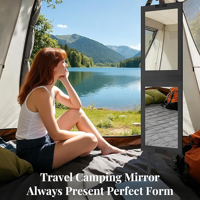 Shinowa Foldable Portable Full Length Mirror for Dancer, Camping and Travel, Shatter-Proof Acrylic Hanging Mirror with Handle, 33x13 Inch Full Body Travel Backstage, Black