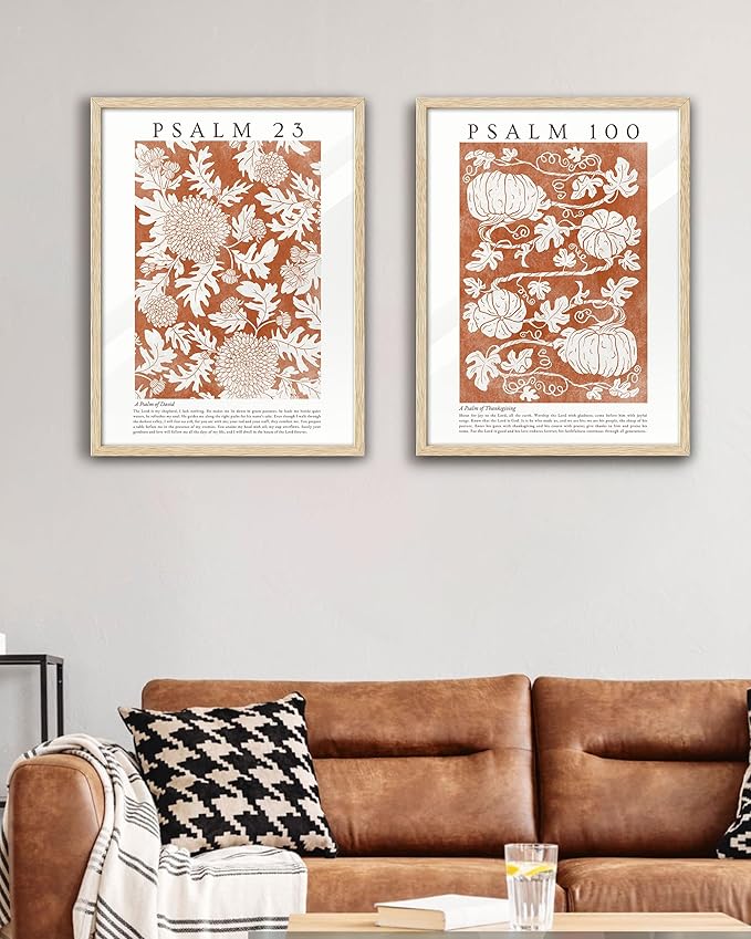 EcoHest Fall Botanical Pumpkins Framed Wall Art, Large 16x20 in OAK Wood Christian Psalm 100 Canvas Wall Art, Beige Logs A Psalm of Thanksgiving Home Decor Set of 1 for Bedroom Living Room