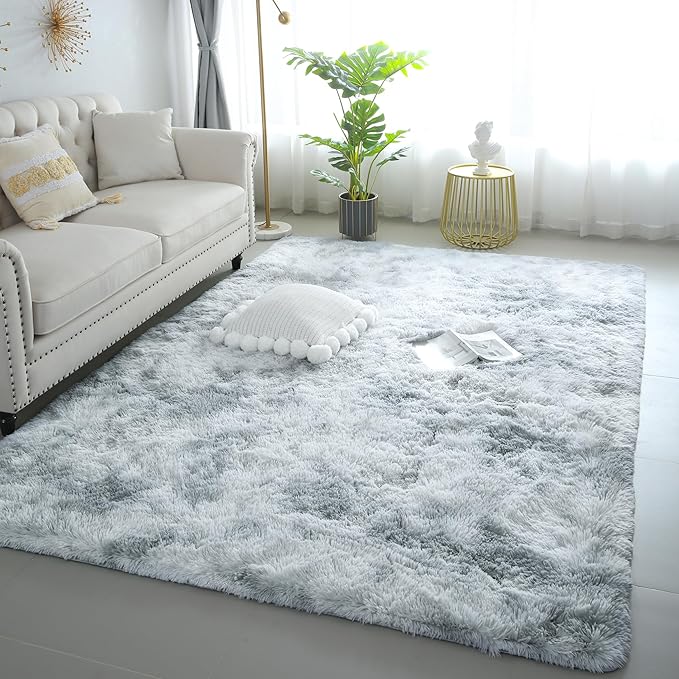 KICHOWUA 5x8 Light Grey Fluffy Shag Area Rug for Bedroom, Soft Plush Fuzzy Washable Non Slip Carpet for Living Room, Modern Cozy Furry Shaggy Large Rug for Kids Baby Boys Nursery Dorm, Tie-Dye Gray