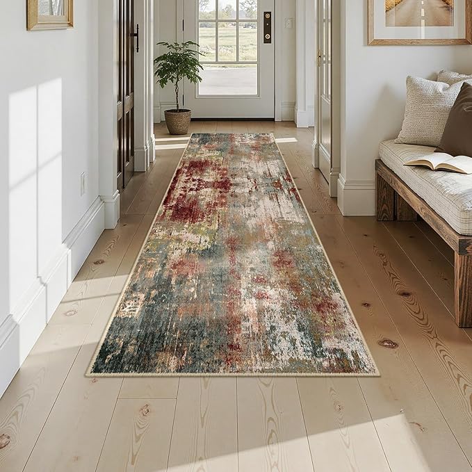 RELEANY Washable Area Rugs 2'6"x10 Non-Slip Modern Abstract Soft for Living Room Entryway Bedroom Nursery, Print Pattern, Brown Rust Red Green Blue Multi