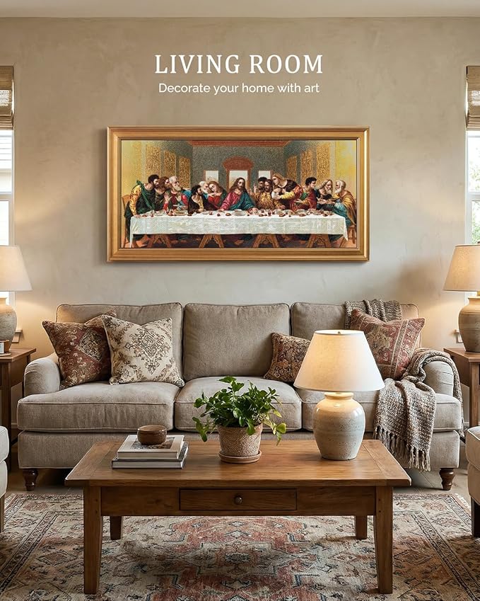 Bzstyleart Vintage Wall Art Decor for Living Room, Framed Large Christian Canvas Wall Art Prints for Prayer, Christian Artwork Jesus Painting, Religious Picture Home Decor, Last Supper, 20 x 40 Inch