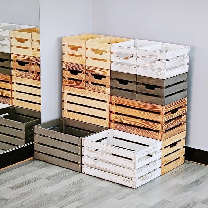 Gray Wooden Crates, Set of 4 Rustic Storage Boxes for Home Organization, Tool Box, Wine Carrier, and Camping Supplies, 12.2 Inches.