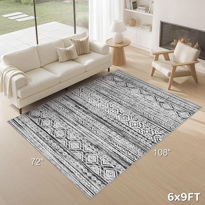cotiled 6x9 Area Rug Living Room: Washable Boho Rugs with Non Slip Backing Large Soft Indoor Stain Resistant Carpet for Bedroom Farmhouse Dining Room Lightweight Home Decor White/Black