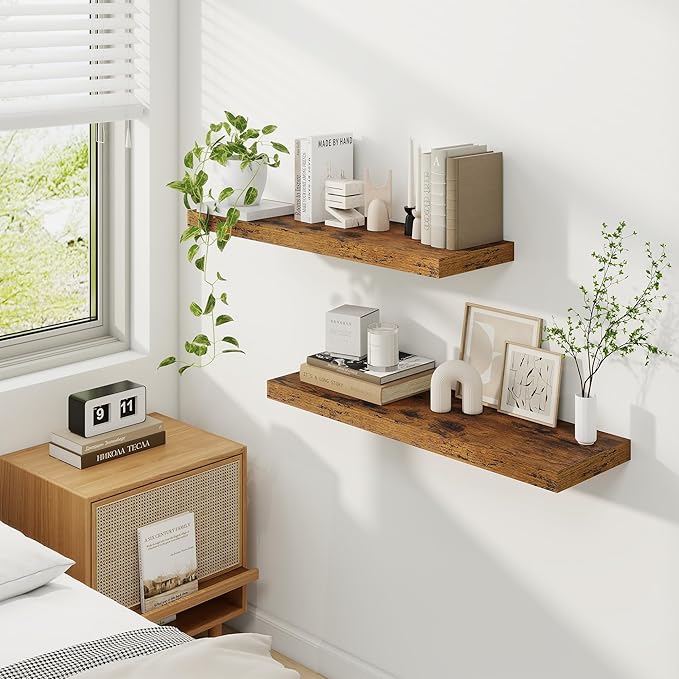 Fun Memories 9.3Inch Deep Floating Shelves for Wall, 32 Inch Rustic Wood Wall Mounted Shelves for Bathroom, Bedroom, Kitchen, Deep Floating Shelf for Storage & Home Decor (Brown, Set of 2)