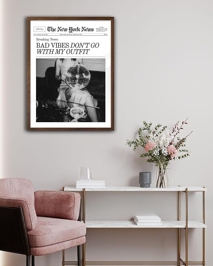 EcoHest Unframed Trendy Newspaper Magazine Wall Art, 12x16 in Bad Vibes Don't Go With My Outfit Disco Bar Canvas Wall Art, Preppy Retro Home Decor For Bedroom Living Room 1Pack