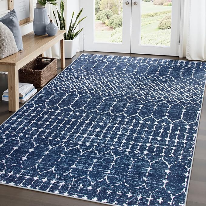 Lahome Moroccan Blue Rugs for Living Room Washable Rugs 8x10 Non-Slip Ultra-Thin Extra Large Area Rug Throw Stain Resistant Rug for Dining Room Table, Geometric Print Modren Rug for Bedroom Hana