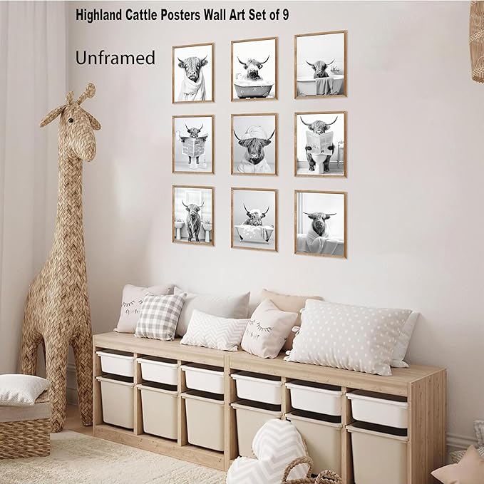 SEHSUVC Funny Bathroom Cow Posters Wall Art Set of 9, Vintage Black and White Highland Cow Canvas Wall Decor Painting, Humor Animals Pictures Prints for Bedroom Bathroom Childrenroom 8x10In Unframed