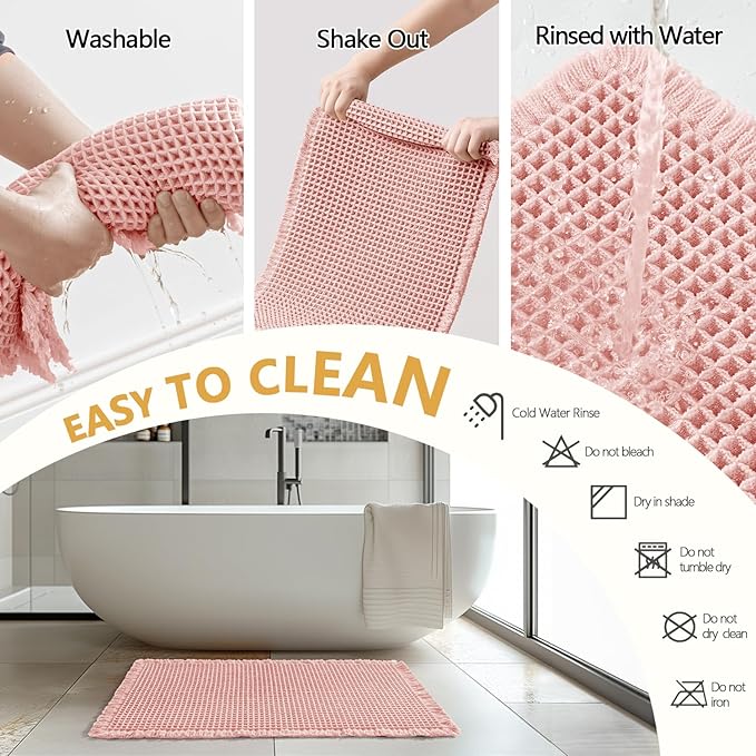 MIULEE Set of 2 Waffle Bathroom Rugs, Boho Bath Rugs Non Slip Washable, Super Absorbent Bath Mats, Ultra Soft Rubber Backed Shower Mats for Bathroom Floor, Tub, Pink, 17"x24"+18"x30"