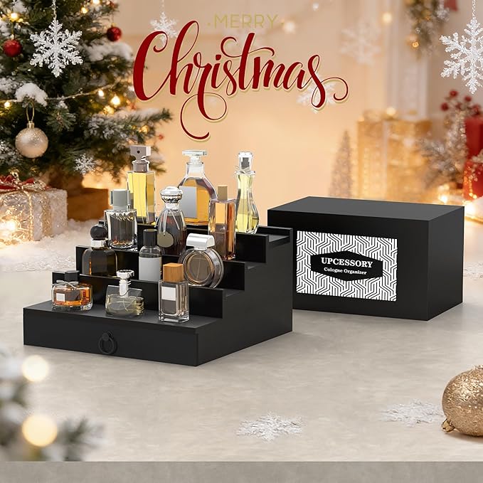 upcessory Cologne Organizer for Men, 4 Tier Perfume Stand, Cologne Shelf with Drawer and Hidden Compartment Perfume Display Holder, A Gift for Men