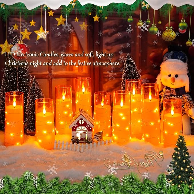 kakoya Flameless LED Candles with Timer 9 Pc Flickering Flameless Candles for Romantic Ambiance and Home Decoration Stable Acrylic Shell,with Embedded Star String,Battery Operated Candles(Orange)