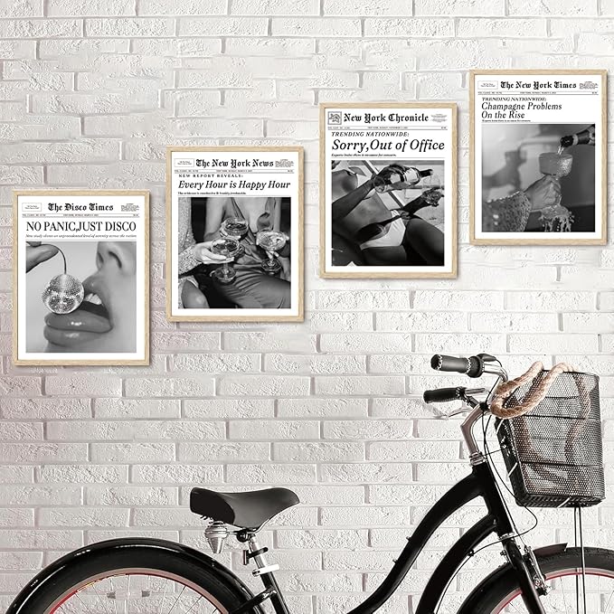 Bwodke OAK Wood Framed Wall Art Champagne Problems On the Rise Canvas Art Vintage Newspaper Pictures Wall Decor Trendy Prints Funny Artwork for Girly Dorm Bedroom 16"x20"