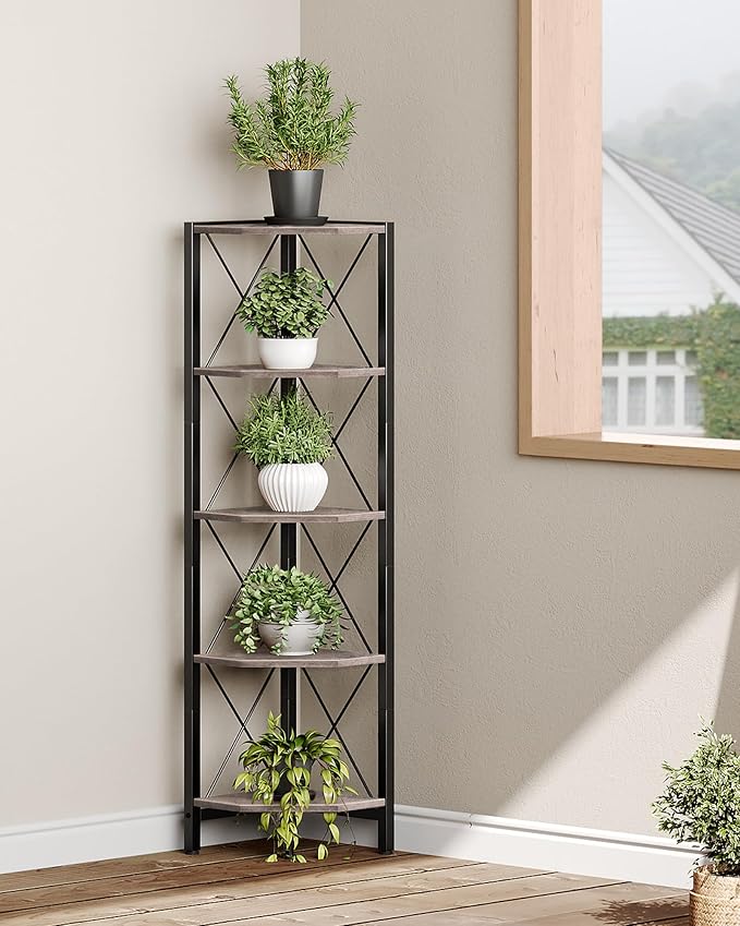 CHOEZON 5-Tier Corner Shelf, Corner Bookcase, 55.2" Tall Vertical Display Rack, Plant Stand, Open Storage Shelf, for Living Room, Bedroom, Study, Kitchen, Greige and Black TCJ12BG