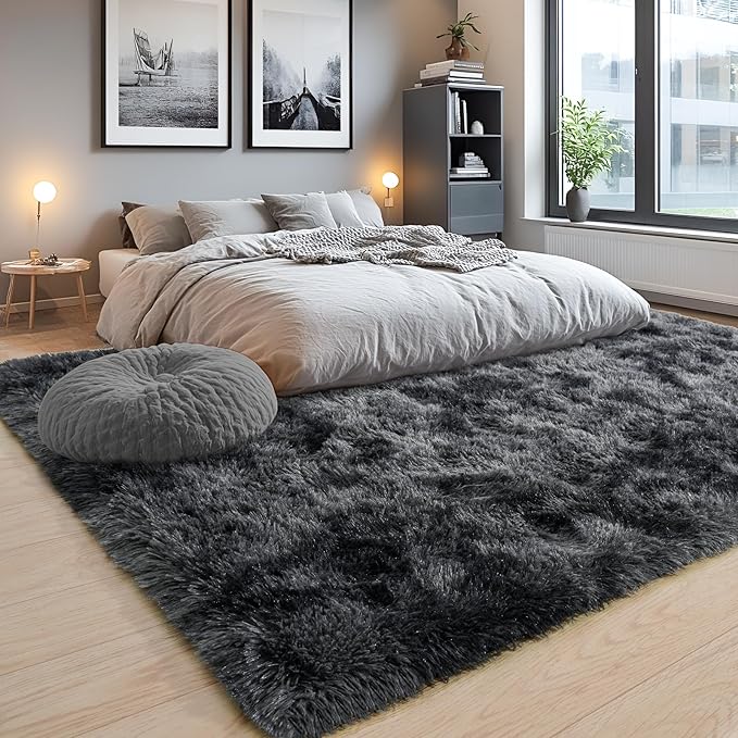 Area Rugs 9x12 for Living Room, Ultra Soft Fluffy Rugs for Bedroom, Non-Slip Furry Large Rug for Teen Girls and Boys,Nursery Kids Room Dorm Home Decor, High Pile Plush Floor Carpet, Dark Grey