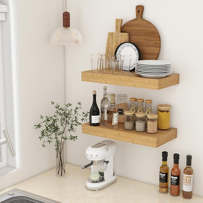 FLYJOE Deep Floating Shelves | 24 Inch Oak Floating Shelves Set of 2 | 12 Inch Deep Rustic Wood Shelves for Wall | 24" W x 12" D Oak Shelves for Living Room Bathroom Laundry Room Kitchen