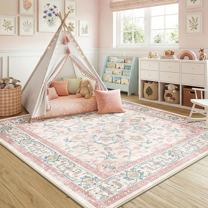 CAPALOCA Machine Washable Rugs Nursery Rug Sq8ft Cute Girl Non Slip Low Pile Water Repellent Soft Print Pattern for Bedroom Indoor Decor Kids Playroom Pink Teal