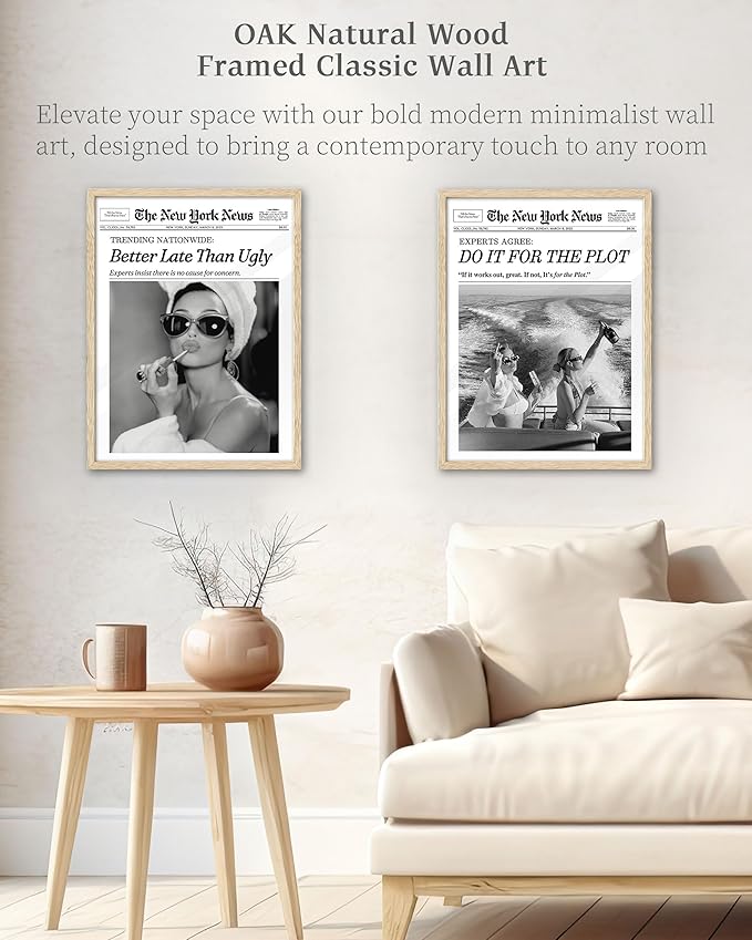 iHery Natural OAK Wood Audrey Hepburn Newspaper Trendy Framed Wall Art, 12x16 in Vintage Headline Canvas Bedroom Wall Decor, Better Late Than Ugly,Bathroom Artwork Apartment Girly Dorm Room 1Pack