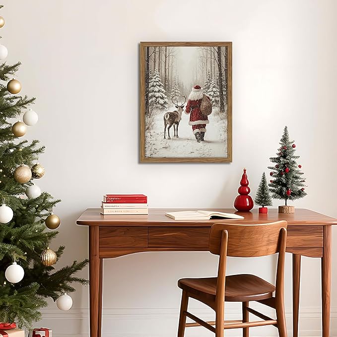 Framed Christmas Pictures Wall Decor, Santa Reindeer Winter Wall Art, Rustic Canvas Christmas Print, Winter Holidays Decor, Vintage Christmas Decorations Painting for Bedroom Living Room – 12x16in