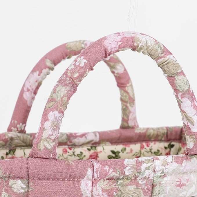 Small Storage Basket Organizer, Mini Quilted Fabric Basket with Handle, Collapsible Storage Bin for Socks, Keys, Diapers