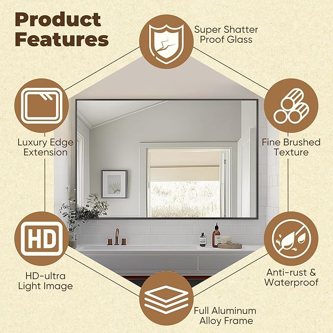 Antok Bathroom Mirror, 55"x36" Wall Mirror, Decorative Mirrors Vanity Mirror Aluminum Alloy Frame Contemporary Rectangular Hanging Mirror for Living Room Bathroom Entryway,Black,Rect Corner