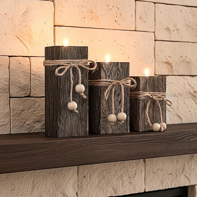MelonBoat Rustic Wood Candle Holders: Farmhouse Candle Holders with Battery Operated Candles,Rustic Farmhouse Decor, Flameless LED Candles 3-Pack for Living Room Party Holiday Home Decor