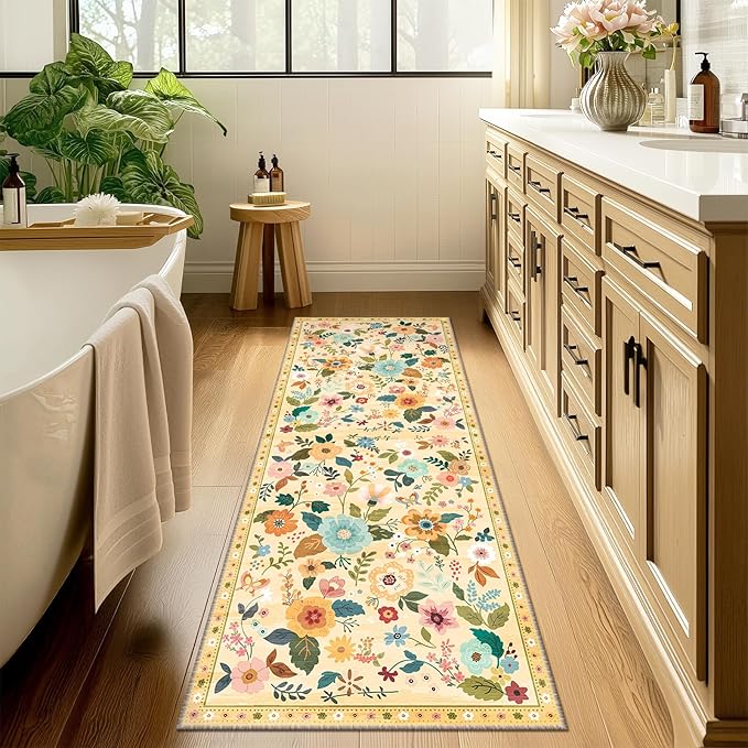 RELEANY Floral Nursery 2x8 Area Rugs Washable Print Boho Cute Carpet Non Slip Flower Low Pile for Living Room Kids Girls Playroom Bedroom Kitchen Office Farmhouse-Ivory/Yellow