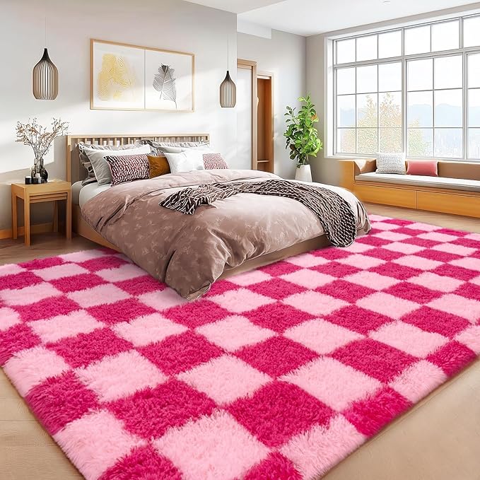 Checkered Rugs for Living Room Bedroom, 5x7 Area Rugs for Living Room, Modern Shaggy Carpets Fuzzy Rug for Boys Girls Dorm Nursery Home Decor Aesthetic, Upgrade Non-Slip Durable, Pink and Hot Pink