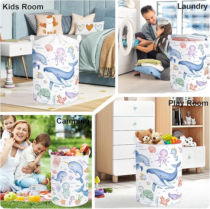 Sea Animals Laundry Hamper Ocean Fish Coral Large Storage Basket Parents Organizer Kids Clothes Toy Bins for Bedroom, Bathroom, Blue Whales, 63L