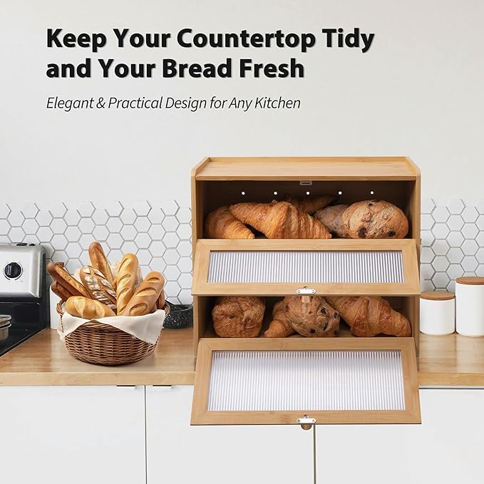 Bamboo Bread Box 2 Tiered for Kitchen Counter-Large Capacity Wood Bread Basket Storage Container Bread Box with Window Bread Holder with Shelf Vitamin Bottle Storage