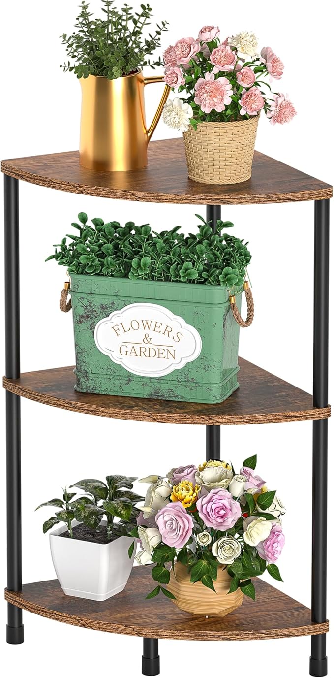 Corner Plant Stand Shelf, 3 Tier Small Shelf Plant Stand for Indoor Plants, Rustic Brown Corner Bookshelf Wall Decor Living Room, 23.2" Display Shelf for Bedroom, Bathroom, Small Space