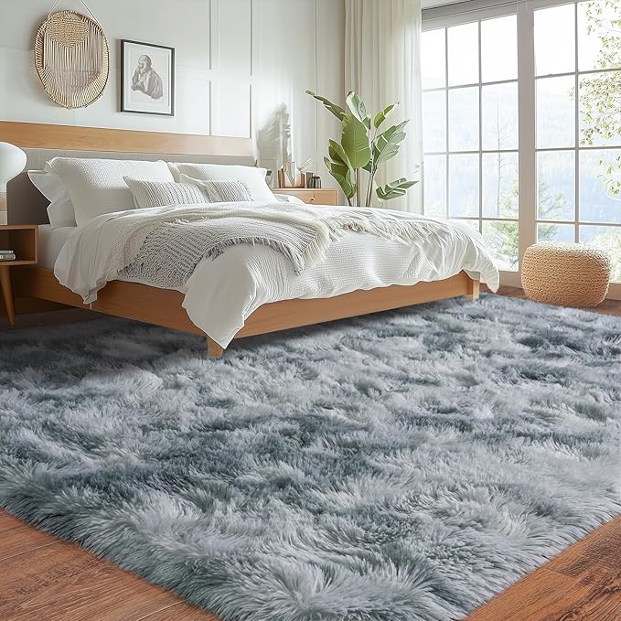 8x10 Area Rugs for Living Room, Ultra Soft Fluffy Large Shaggy Rug Carpet for Bedroom, Non-Slip Fuzzy Plush Rugs for Nursery Boys Girls Kids Room Modern Indoor Home Decor, Tie-Dye Silver Grey