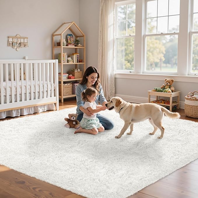 6x9 Area Rug for Living Room:Ultra Soft Fluffy Shag White Rugs,Large Fuzzy Plush Indoor Non Slip Carpet Washable Rug for Bedroom Kids Nursery Office Dorm Modern Decor(White 6'x9')