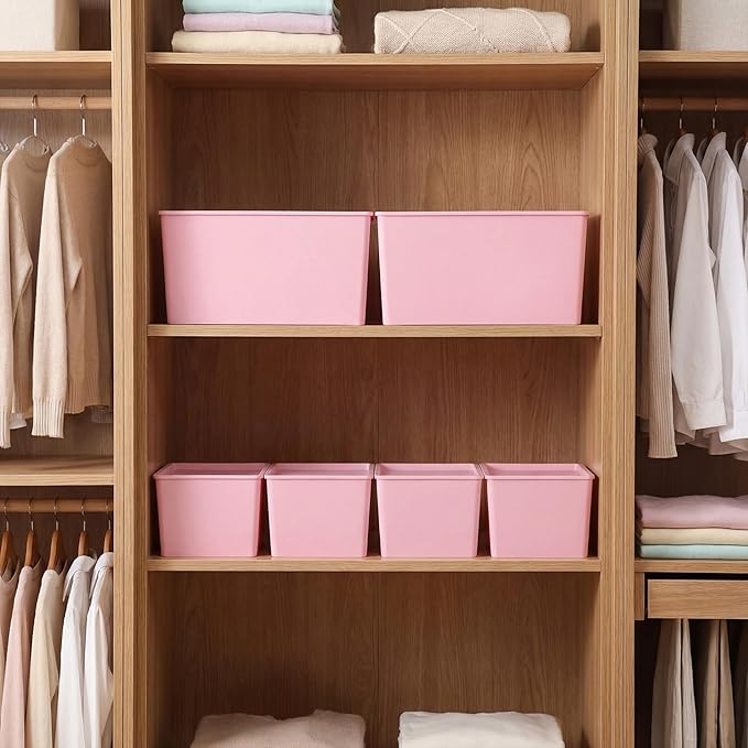 Menkxi 6 Pcs Large and Small Plastic Storage Bins with Lids 14.4 x 10.4 x 5.1 Inch Stackable Storage Containers Decorative Cubby Organizer for Clothes Shelves Garage Closet Office(Pink)