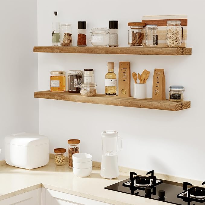 Vivelove Live Edge Floating Shelves 24 inch, Elm Wood Shelf, Rustic Farmhouse Wall Shelf with Invisible Bracket for Living Room Bedroom Bathroom Office Book, 24x8 - Set of 2 - Natural