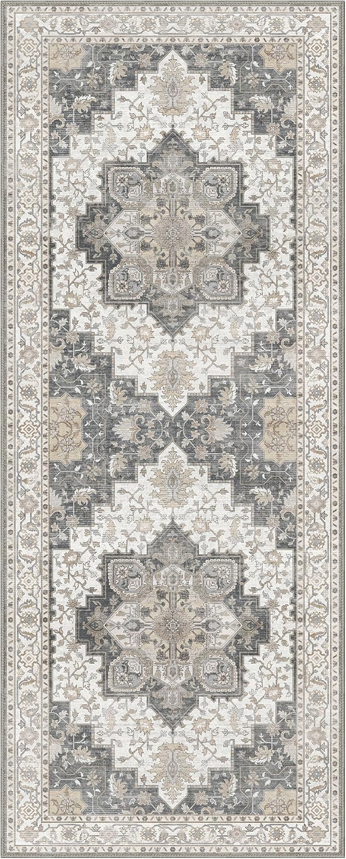 GENIMO 2'6"x8 Runner Rugs for Hallway, Machine Washable Non Slip Vintage Rugs, Low Pile Lightweight Soft Print Rug for enrtyway, Corridor, Home Office, Kitchen, Heathered Grey