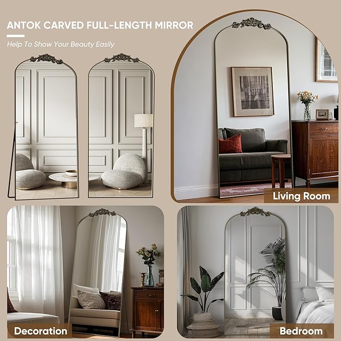 Antok Arched Full Length Mirror, 71"x32" Floor Mirror with Carved, Full Body Mirrors for HomeDecor, Standing/Halling Large Wall Mirror for Bedroom, Living Room, Cloakroom, Bronze, Retro Style