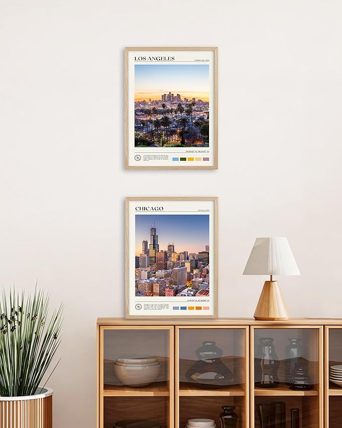 HesenDot Natural OAK Wood Los Angeles Cityscape Framed Wall Art,12x16in City Skyline Canvas Wall Print,Modern Urban Landmark Wall Decor for Living Room,Bedroom,Office Gallery Gifts Set of 1
