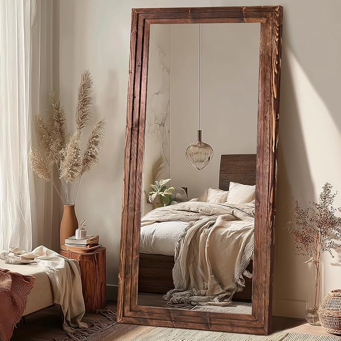 Full Length Wood Mirror 76x34 - Rustic Solid Wood Floor Mirror with Triple Layer Frame, HD Tempered Glass, Wall Mounted or Leaning Standing Mirror Vintage Brown Mirror for Bedroom Bathroom Living Room