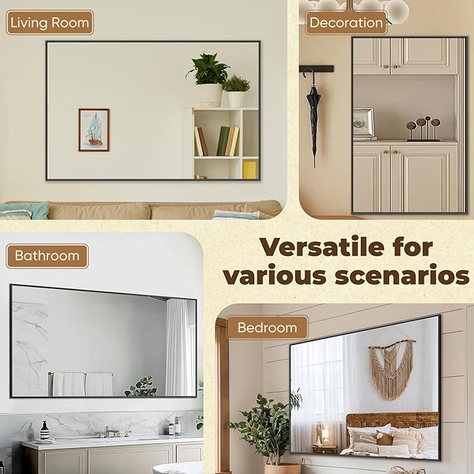 Antok 50x30 Black Metal Framed Bathroom Mirror, Wall Mirror with Rect Corners, Vanity Mirror for Over Sink, Anti-Rust Tempered Glass, Horizontal/Vertical Hanging for Bathroom, Living Room, Entryway