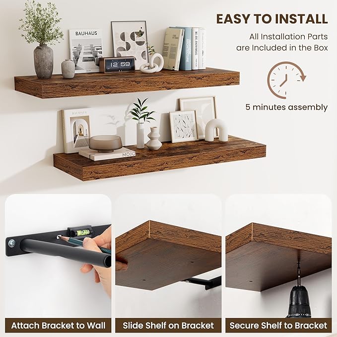 Fun Memories 12" Deep Floating Shelves for Wall, 36" W x 12" D Floating Shelves, Long Wood Floating Wall Shelf for Living Room Bathroom Bedroom Kitchen, Rustic Brown, Set of 2