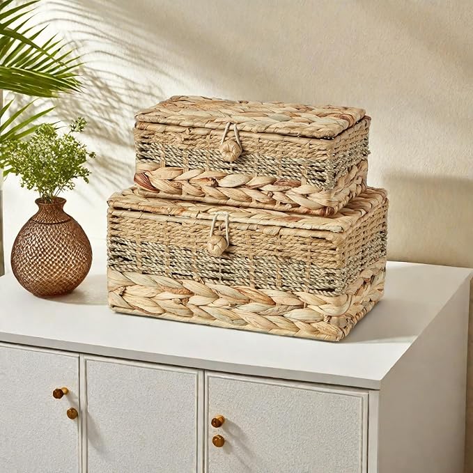 2PCS Wicker Storage Baskets with Lids Decorative Bohemian Handmade Rattan Boxes Natural Water Hyacinth Seagrass Paper Rope Woven Bins Shelf Container Memory Keepsake Photo Makeup Organizer