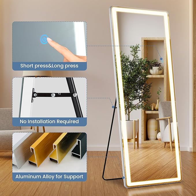 DUMOS LED Full Length Mirror, 26"×70" Floor Standing Mirror with 3 Color Lights & Wall Mounted for Bedroom, Dressing Room, Living Room, Bathroom