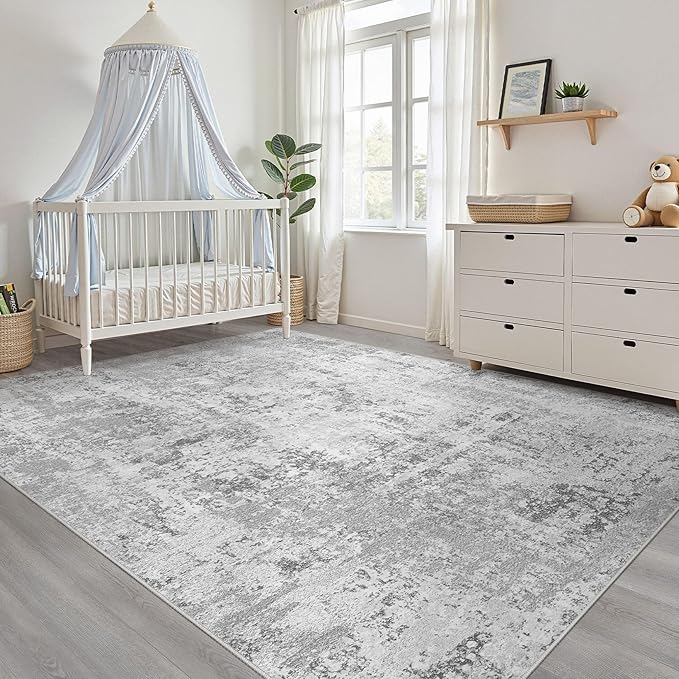 6x9 Area Rugs Living Room: Washable Large Neutral Rug Abstract Soft Modern Stain Resistant Indoor Floor Non-Slip Carpet for Bedroom Nursery Kids Office Playroom Dining Room Under Table- Light Gray