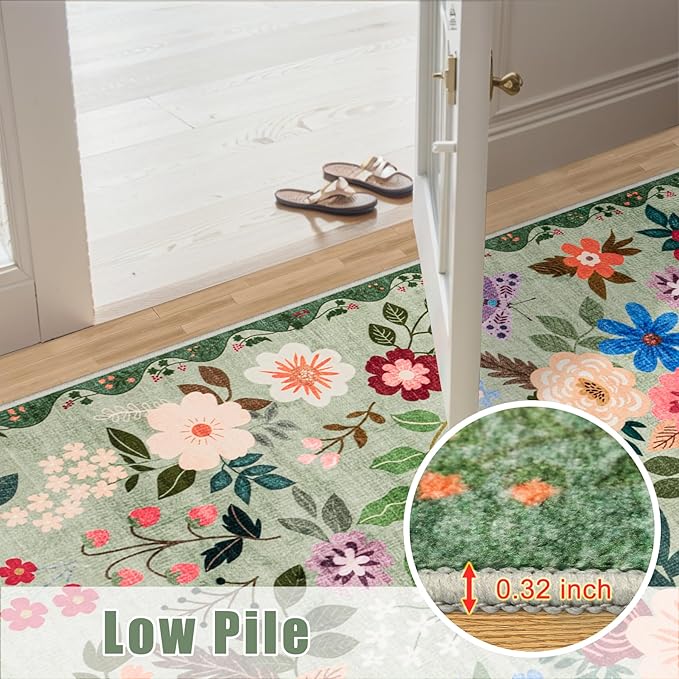 10x12 Area Rugs for Living Room: Floral Washable Rug Vintage Large Soft Boho Non-Slip Carpet Indoor Stain Resistant Low Pile Carpets for Bedroom Dining Room Farmhouse Nursery Hallway Home Office Green