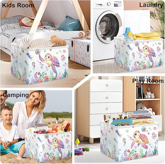 Ocean Animals Baby Laundry Hamper Collapsible Clothes Kids Storage Basket Large Boys Girls Gift Toy Box Bin for Nursery Room, Sea Turtle, 36L