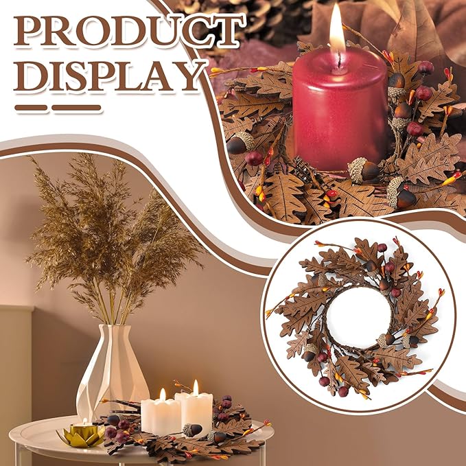 Daifunli 2 Pcs Fall Thanksgiving Candle Rings Maple Oak Leaves Acorn Vintage Wood Wreath for Pillar 3.9 Inch Candles Holder for Autumn Fall Thanksgiving Winter Christmas Rustic Table Centerpiece Decor