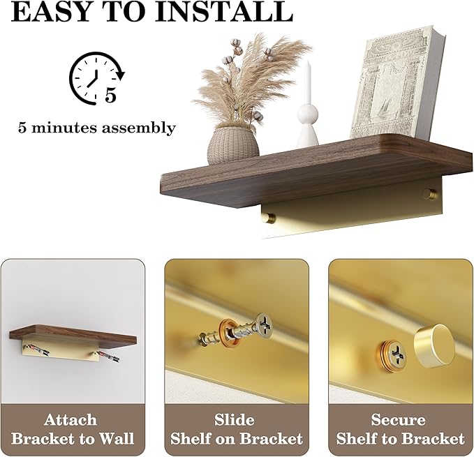 Danpoo 12 inch Floating Walnut wall Shelf, Small Wood Shelf for wall, Waterproof Wooden Shelf for Bathroom