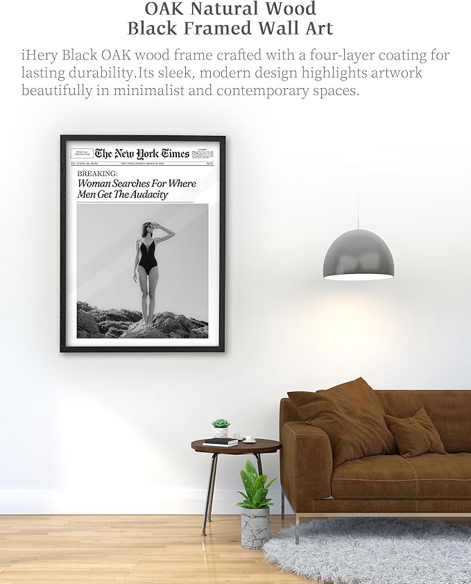 iHery Premium Small Natural Black OAK Wood 8x00in Trendy Framed Wall Art, Retro Woman Searches For Where Men Get The Audacity Canvas Wall Decor For Girly Dorm Bedroom Living Room 1Pack