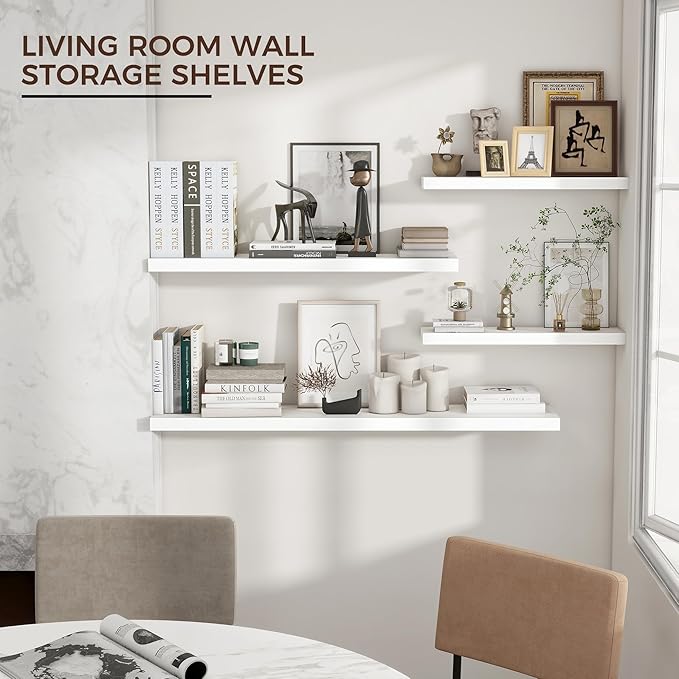 Venusmiles Floating Shelves for Wall 36 inch Long, Engineered Wood Wall Shelves with Invisible Brackets for Living Room Bedroom Bathroom Office Kitchen Decor and Storage, White Finish, Set of 2